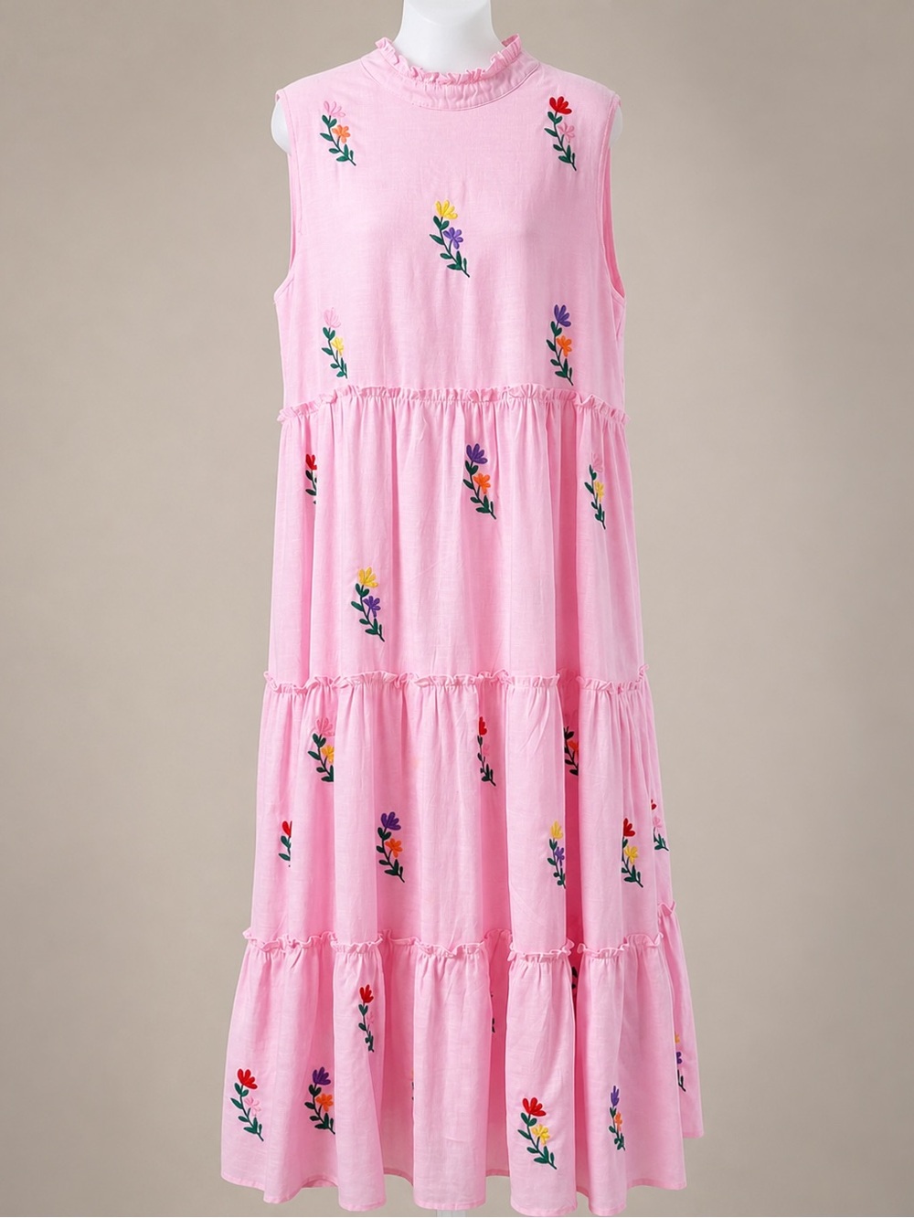 Marie Pink Embroidered Tiered Midi Dress Size M Ruffle Neck Lined
